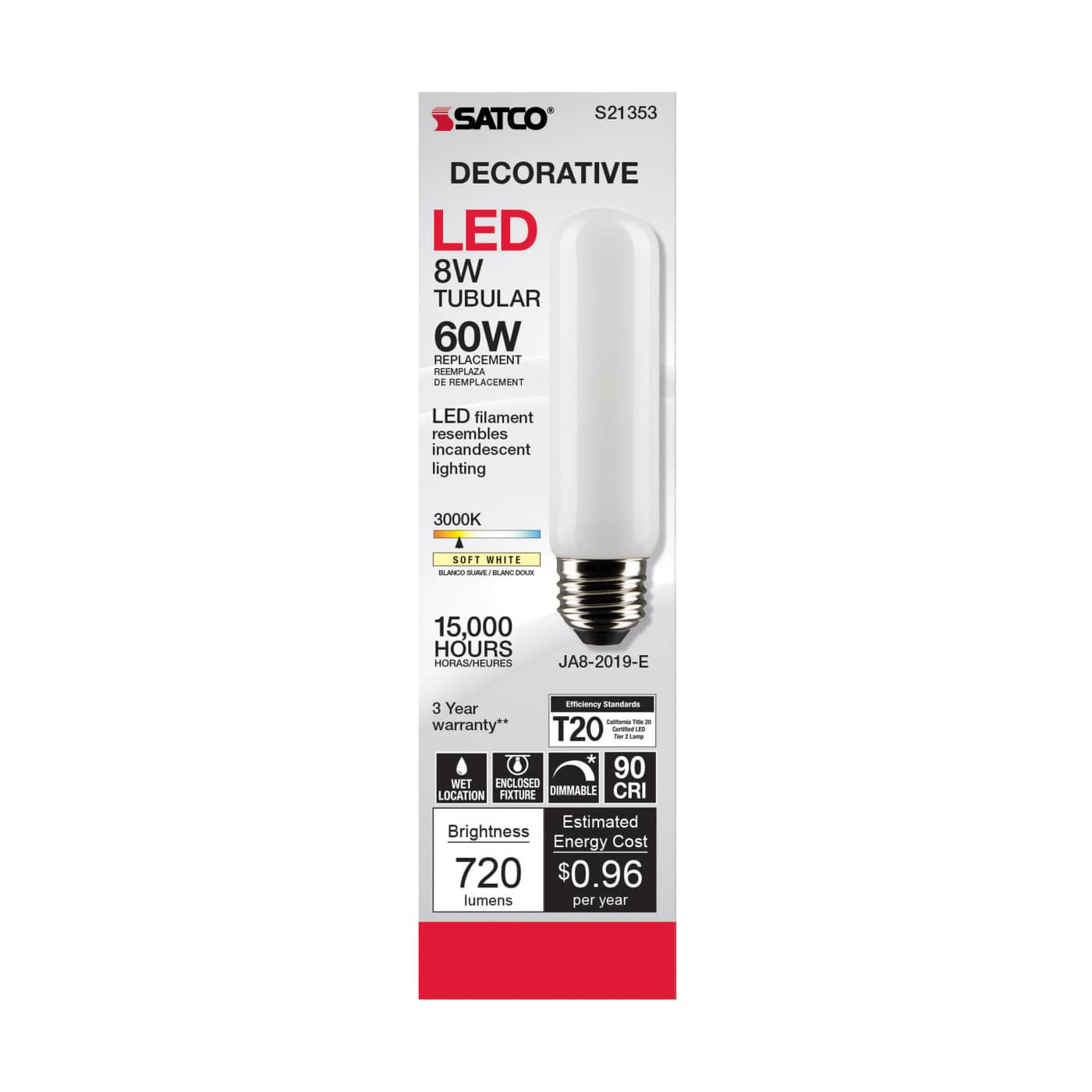 Tubular 8 Watt (75 Watt Equivalent) E26 T10 120V LED 3000k Light Bulb by Satco