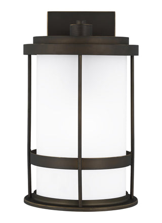 Buy antique-bronze-with-satin-etched-glass-and-white-shade Wilburn Outdoor (Wet) Wall Lantern by Generation Lighting