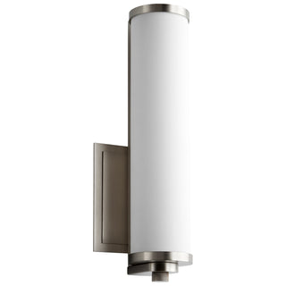 Buy satin-nickel-with-matte-white-glass-and-white-shade Tempus Outdoor (Damp) Sconce by Quorum