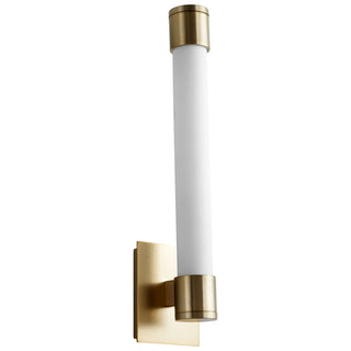Buy aged-brass-with-matte-white-glass-and-white-shade Zenith II Outdoor (Damp) Sconce by Quorum