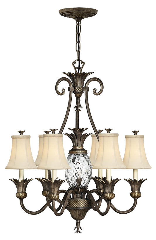 Plantation Chandelier by Hinkley – Lights: 7 Light (28.00"L x 28.00"W x 33.00"H) – Finish: Pearl Bronze with Clear Optic Glass and Natural/Cream Shade – Hinkley-4886PZ