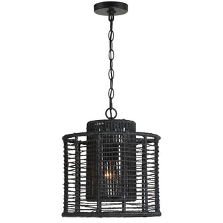 Buy matte-black-and-woven-natural-shade Jayna Outdoor (Damp) Pendant by Crystorama