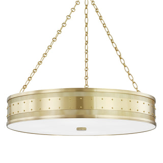 Buy aged-brass-and-white-shade Gaines Outdoor (Damp) Chandelier by Hudson Valley