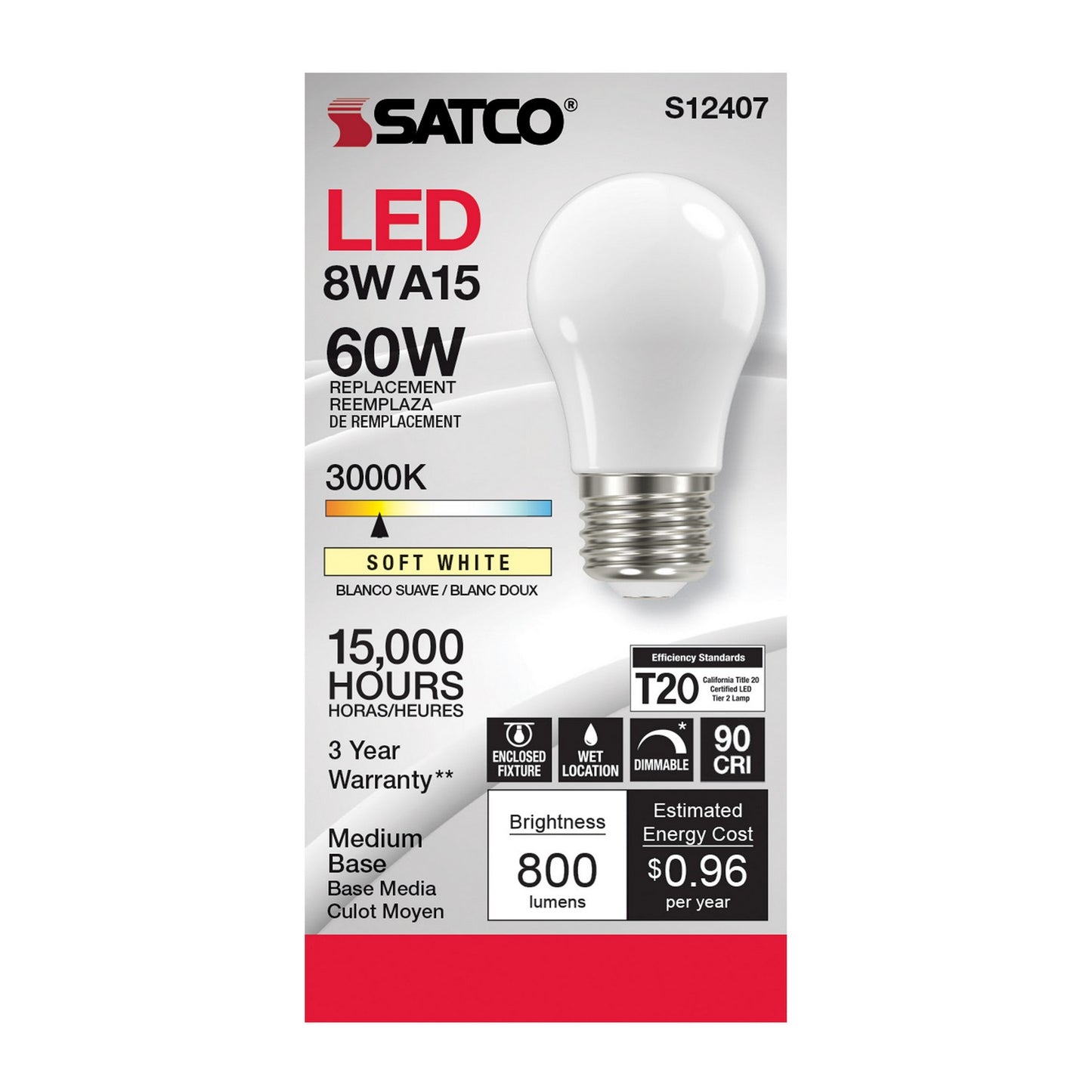 8.2 Watt (75 Watt Equivalent) Medium A15 120V LED 3000k Light Bulb by Satco