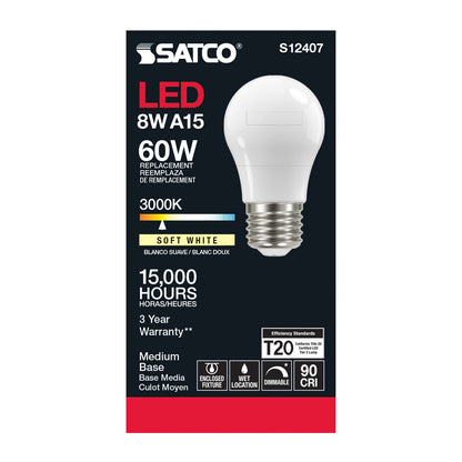 8.2 Watt (75 Watt Equivalent) Medium A15 120V LED 3000k Light Bulb by Satco
