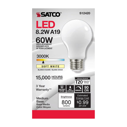 8.2 Watt (75 Watt Equivalent) Medium A19 120V LED 3000k Light Bulb by Satco