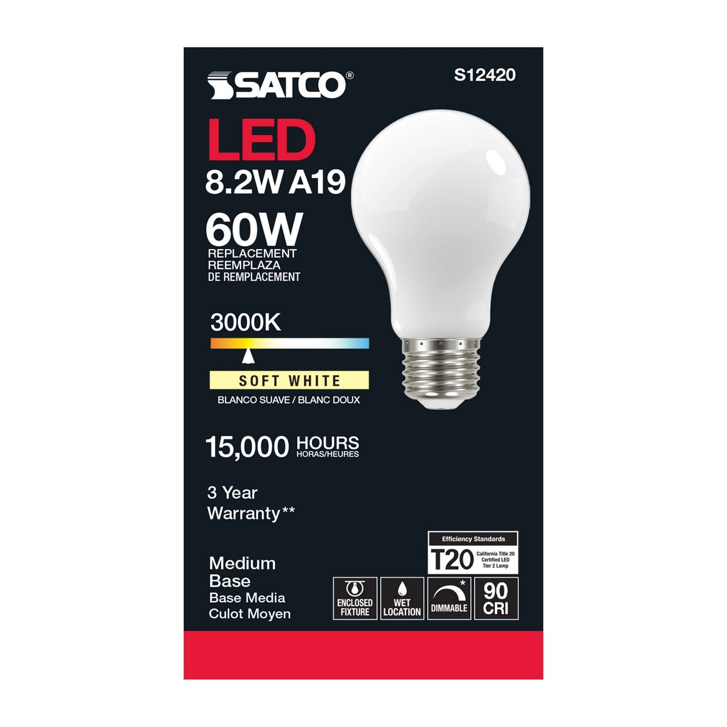 8.2 Watt (75 Watt Equivalent) Medium A19 120V LED 3000k Light Bulb by Satco