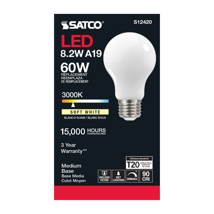 8.2 Watt (75 Watt Equivalent) Medium A19 120V LED 3000k Light Bulb by Satco