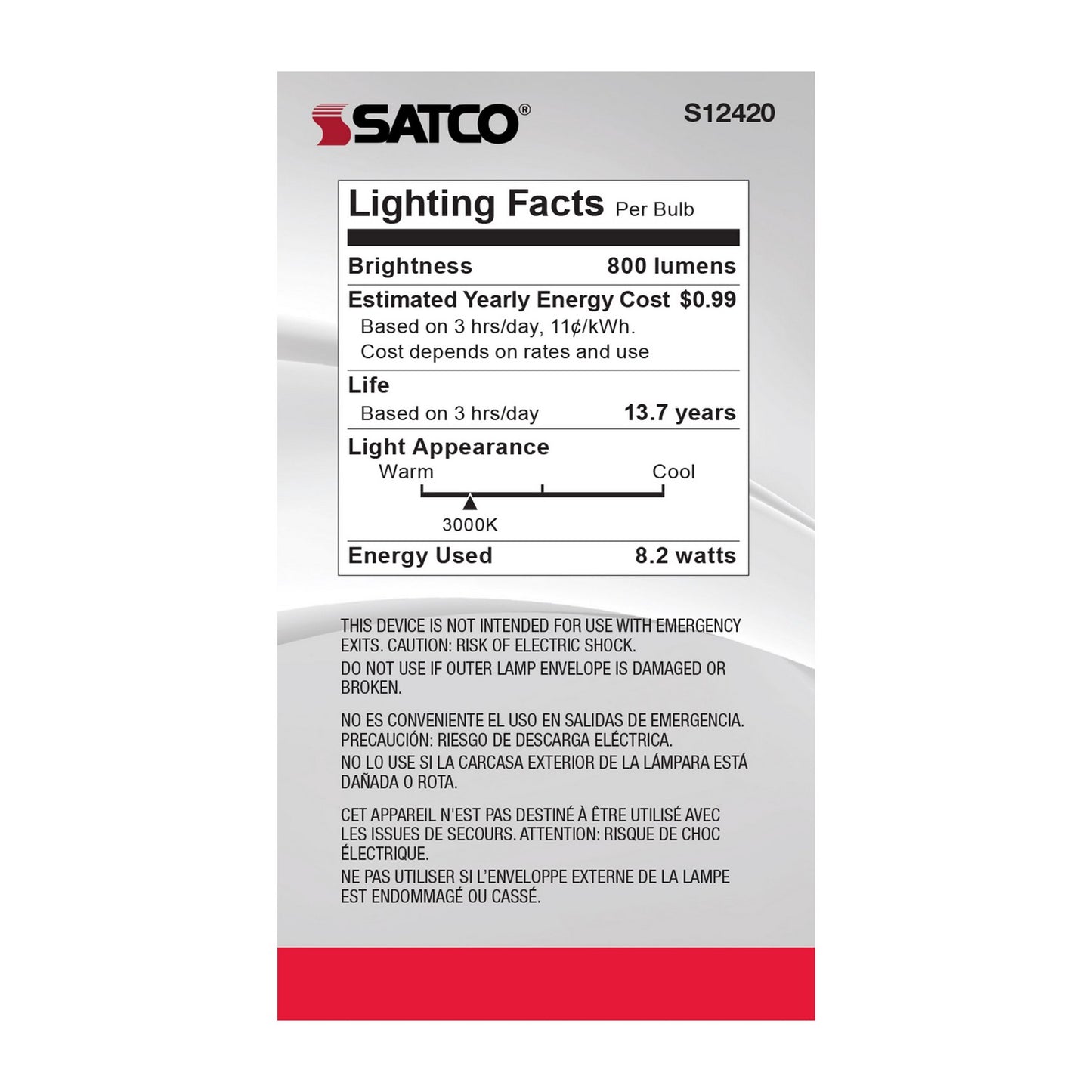 8.2 Watt (75 Watt Equivalent) Medium A19 120V LED 3000k Light Bulb by Satco