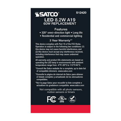 8.2 Watt (75 Watt Equivalent) Medium A19 120V LED 3000k Light Bulb by Satco