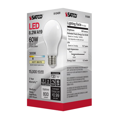 8.2 Watt (75 Watt Equivalent) Medium A19 120V LED 3000k Light Bulb by Satco