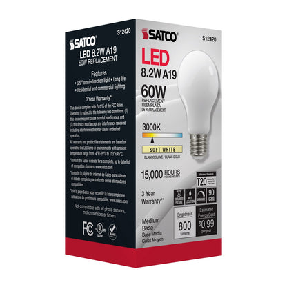 8.2 Watt (75 Watt Equivalent) Medium A19 120V LED 3000k Light Bulb by Satco