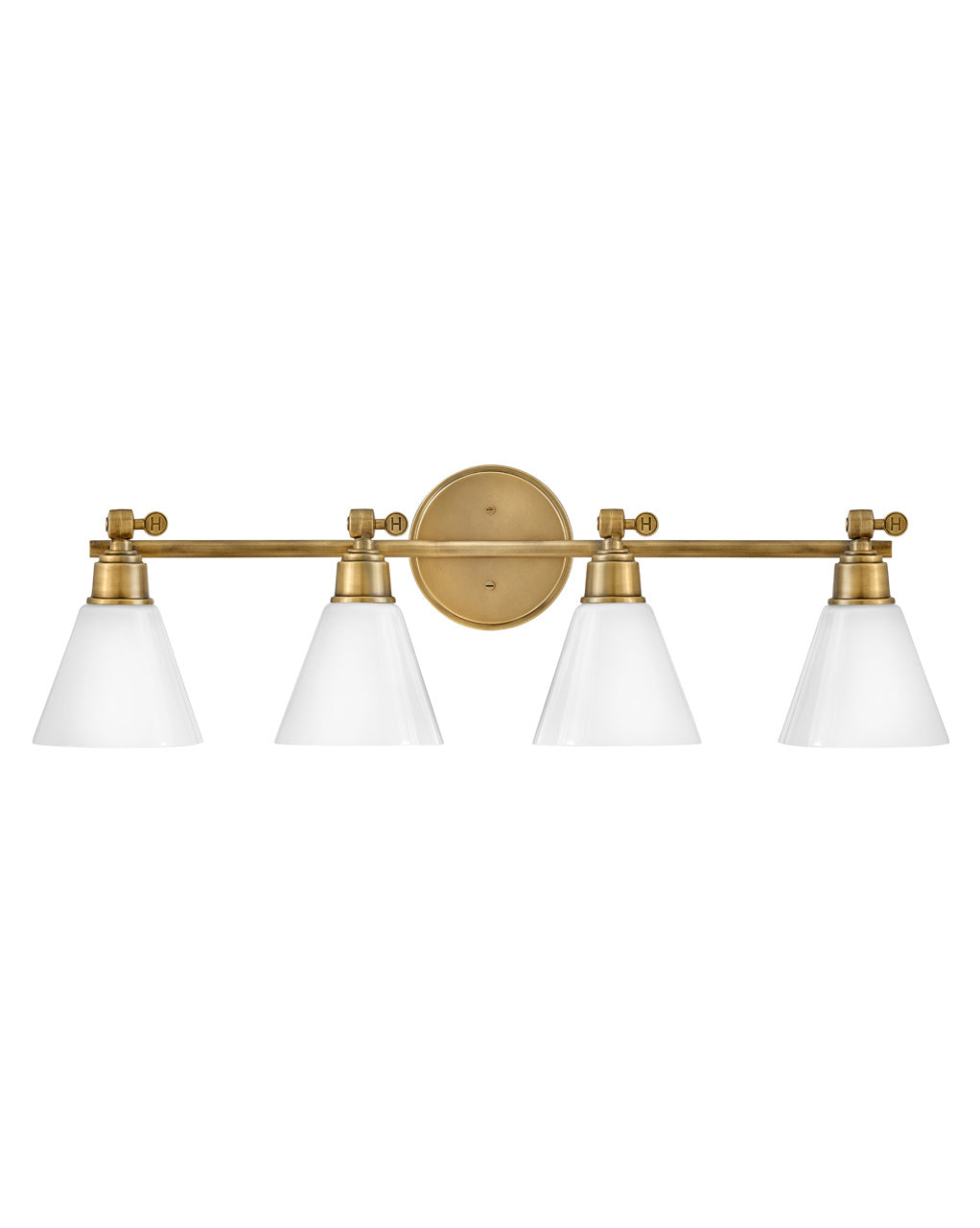 Arti Vanity by Hinkley – Lights: 4 Light (7.00"L x 32.00"W x 10.00"H) – Finish: Heritage Brass with Cased Opal Glass and Opal Shade – Hinkley-51184HB