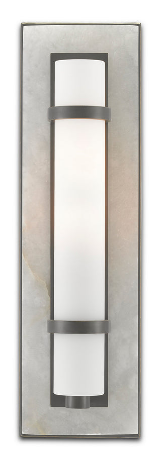 Buy natural-alabaster-oil-rubbed-bronze-opaque-white Bruneau Collection Outdoor (Damp) Sconce by Currey and Company