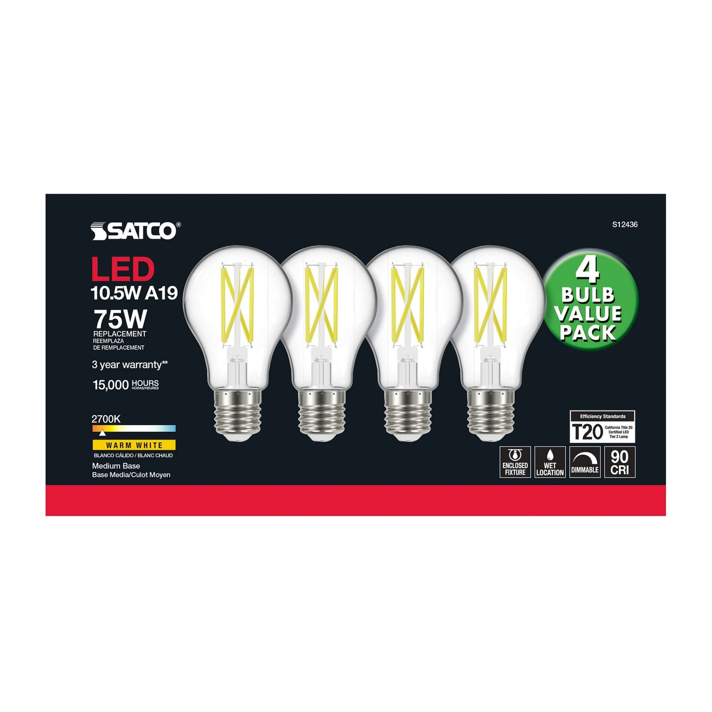 10.5 Watt (100 Watt Equivalent) Medium A19 120V LED 2700k Light Bulb by Satco