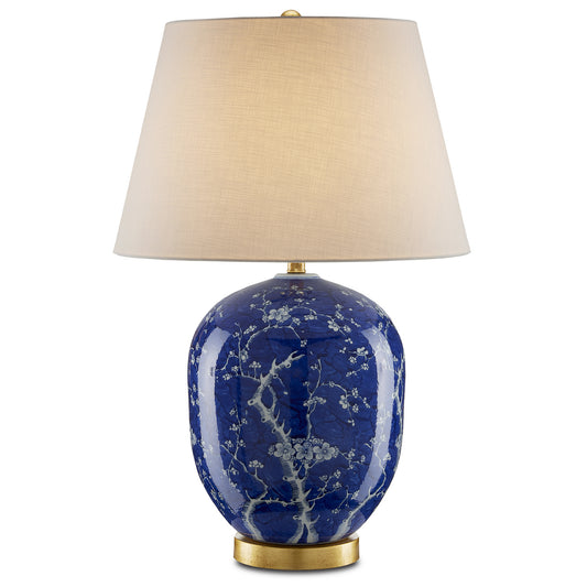 Sakura Blue Table Lamp by Currey and Company - Blue/White/Gold Leaf with Off White Linen Glass and Blue Shade [Currey and Company-6000-0793|MAIN]