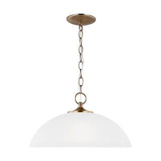 Buy satin-brass-with-satin-etched-glass-and-white-shade Geary Outdoor (Damp) Pendant by Generation Lighting
