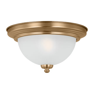 Buy satin-brass-with-satin-etched-glass-and-white-shade Geary Outdoor (Damp) Flush Mount Ceiling Light by Generation Lighting