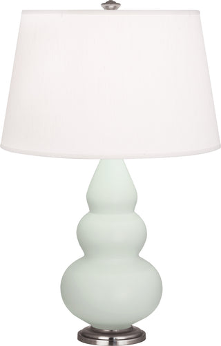 Buy matte-celadon-glazed-ceramic-w-antique-silvered-with-pearl-dupioni-fabric-shade-glass-and-white-shade Small Triple Gourd Table Lamp by Robert Abbey