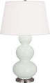 Matte Celadon Glazed Ceramic w/Antique Silvered with Pearl Dupioni Fabric Shade Glass and White Shade