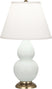 Matte Celadon Glazed Ceramic w/Antique Natural Brassed with Pearl Dupioni Fabric Shade Glass and White Shade