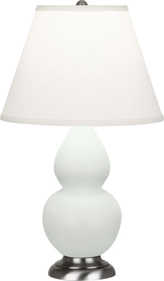 Buy matte-celadon-glazed-ceramic-w-antique-silvered-with-pearl-dupioni-fabric-shade-glass-and-white-shade Small Double Gourd Table Lamp by Robert Abbey