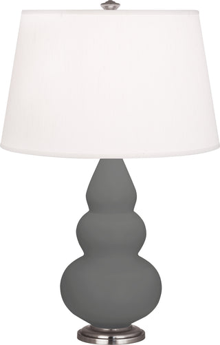 Buy matte-ash-glazed-ceramic-w-antique-silvered-with-pearl-dupioni-fabric-shade-glass-and-white-shade Small Triple Gourd Table Lamp by Robert Abbey