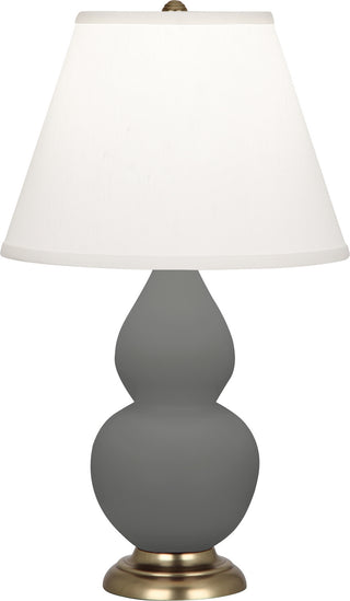 Buy matte-ash-glazed-ceramic-w-antique-brassed-with-pearl-dupioni-fabric-shade-glass-and-white-shade Small Double Gourd Lamp by Robert Abbey