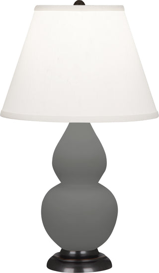Buy matte-ash-glazed-ceramic-w-deep-patina-bronzeed-with-pearl-dupioni-fabric-shade-glass-and-white-shade Small Double Gourd Table Lamp by Robert Abbey