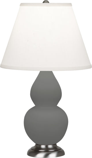 Buy matte-ash-glazed-ceramic-w-antique-silvered-with-pearl-dupioni-fabric-shade-glass-and-white-shade Small Double Gourd Table Lamp by Robert Abbey