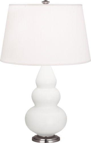 Buy matte-lily-glazed-ceramic-w-antique-silvered-with-pearl-dupioni-fabric-shade-glass-and-white-shade Small Triple Gourd Table Lamp by Robert Abbey