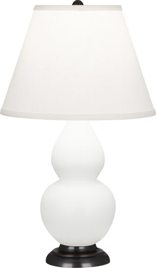 Buy matte-lily-glazed-ceramic-w-deep-patina-bronzeed-with-pearl-dupioni-fabric-shade-glass-and-white-shade Small Double Gourd Lamp by Robert Abbey