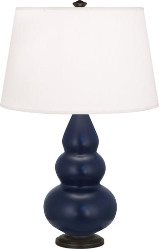 Buy matte-midnight-blue-glazed-ceramic-w-deep-patina-bronzeed-with-pearl-dupioni-fabric-shade-glass-and-white-shade Small Triple Gourd Table Lamp by Robert Abbey
