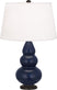Matte Midnight Blue Glazed Ceramic w/Deep Patina Bronzeed with Pearl Dupioni Fabric Shade Glass and White Shade