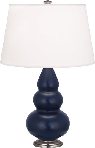 Buy matte-midnight-blue-glazed-ceramic-w-antique-silvered-with-pearl-dupioni-fabric-shade-glass-and-white-shade Small Triple Gourd Table Lamp by Robert Abbey