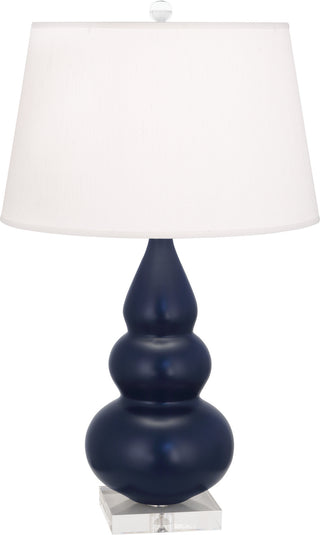 Buy matte-midnight-blue-glazed-ceramic-w-lucite-with-pearl-dupioni-fabric-shade-glass-and-white-shade Small Triple Gourd Table Lamp by Robert Abbey