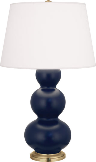 Buy matte-midnight-blue-glazed-ceramic-w-antique-brassed-with-pearl-dupioni-fabric-shade-glass-and-white-shade Triple Gourd Table Lamp by Robert Abbey