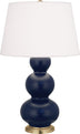 Matte Midnight Blue Glazed Ceramic w/Antique Brassed with Pearl Dupioni Fabric Shade Glass and White Shade