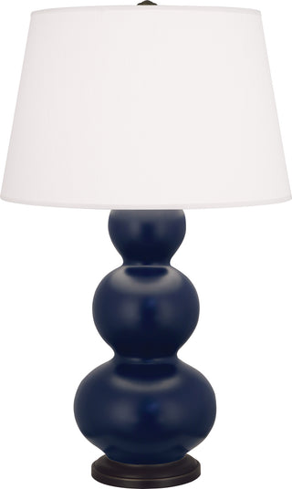 Buy matte-midnight-blue-glazed-ceramic-w-deep-patina-bronzeed-with-pearl-dupioni-fabric-shade-glass-and-white-shade Triple Gourd Table Lamp by Robert Abbey