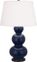 Matte Midnight Blue Glazed Ceramic w/Deep Patina Bronzeed with Pearl Dupioni Fabric Shade Glass and White Shade