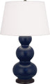 Matte Midnight Blue Glazed Ceramic w/Deep Patina Bronzeed with Pearl Dupioni Fabric Shade Glass and White Shade