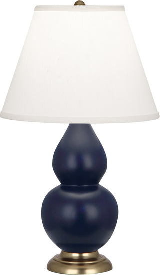 Buy matte-midnight-blue-glazed-ceramic-w-antique-brassed-with-pearl-dupioni-fabric-shade-glass Small Double Gourd Lamp by Robert Abbey
