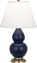 Matte Midnight Blue Glazed Ceramic w/Antique Brassed with Pearl Dupioni Fabric Shade Glass