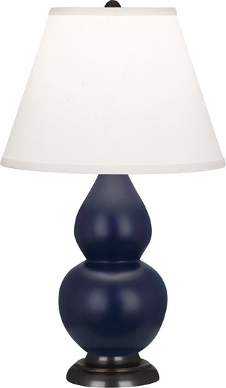 Buy matte-midnight-blue-glazed-ceramic-w-bronzeed-with-pearl-dupioni-fabric-shade-glass-and-white-shade Small Double Gourd Lamp by Robert Abbey