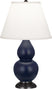 Matte Midnight Blue Glazed Ceramic w/Bronzeed with Pearl Dupioni Fabric Shade Glass and White Shade