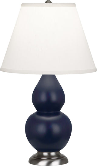 Buy matte-midnight-blue-glazed-ceramic-w-antique-silvered-with-pearl-dupioni-fabric-shade-glass-and-white-shade Small Double Gourd Table Lamp by Robert Abbey