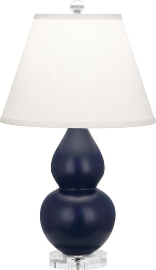 Buy matte-midnight-blue-glazed-ceramic-w-lucite-with-pearl-dupioni-fabric-shade-glass-and-white-shade Small Double Gourd Table Lamp by Robert Abbey