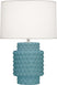 Matte Steel Blue Glazed Textured Ceramic with Fondine Fabric Shade Glass and White Shade