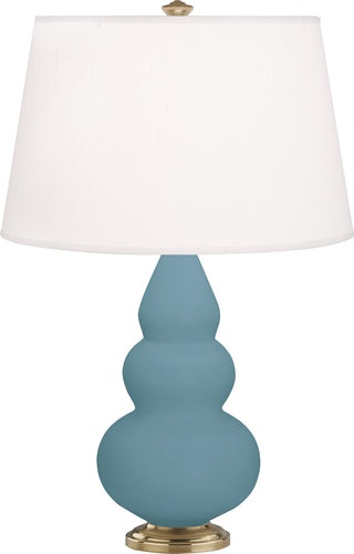 Buy matte-steel-blue-glazed-ceramic-w-antique-brassed-with-pearl-dupioni-fabric-shade-glass-and-white-shade Small Triple Gourd Table Lamp by Robert Abbey