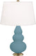 Matte Steel Blue Glazed Ceramic w/Antique Brassed with Pearl Dupioni Fabric Shade Glass and White Shade